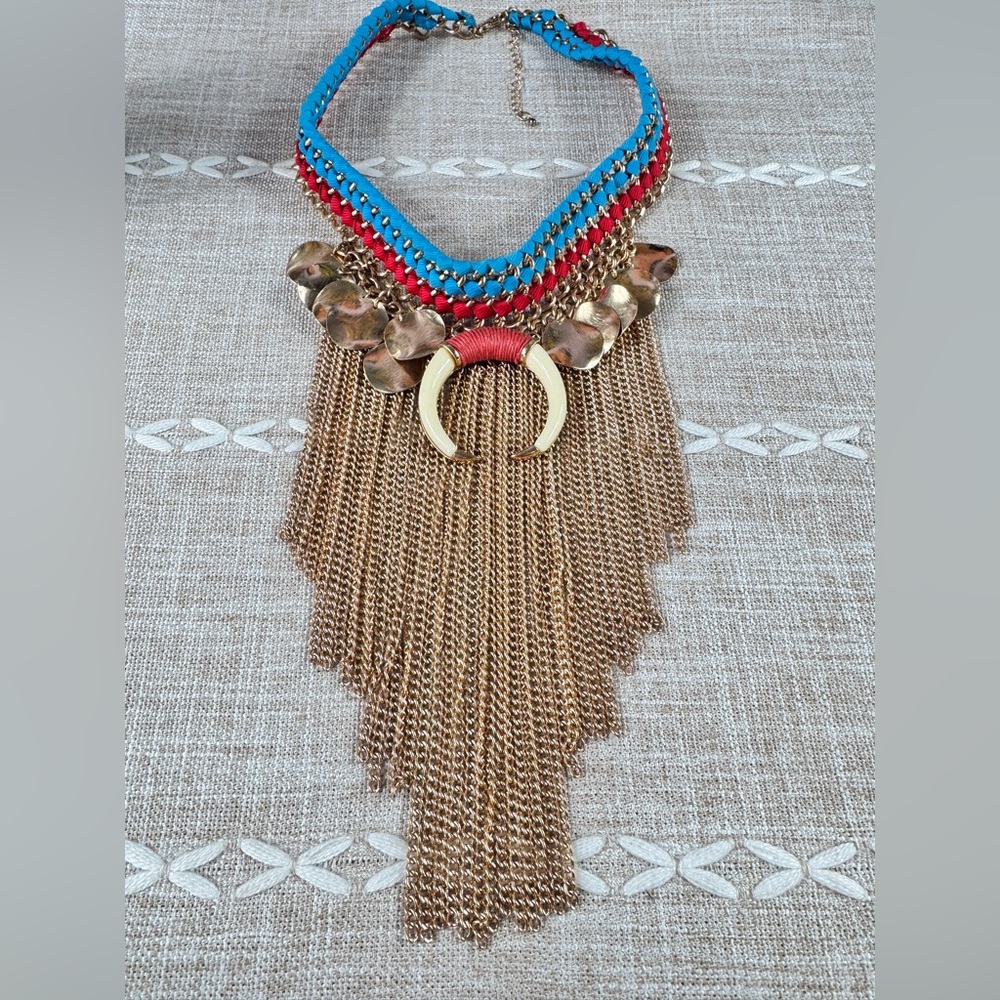 Boho Statement Necklace Chain Fringe Red & Blue